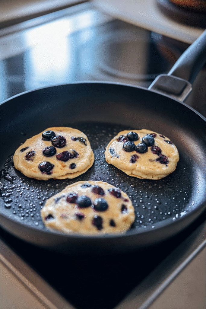 Protein Pancakes Recipe: Quick, Fluffy & Low-Carb Breakfast Win 5 Protein pancakes recipe showing blueberry pancakes cooking on a non-stick skillet.