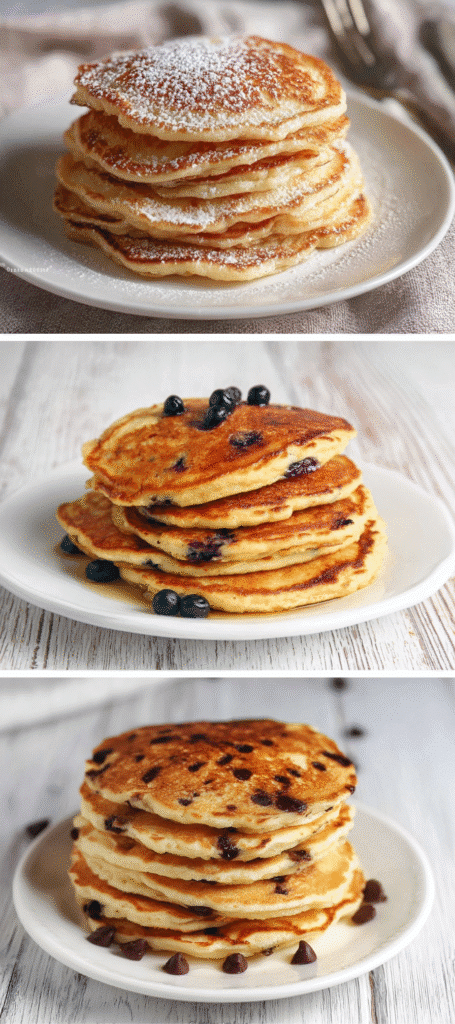 Protein Pancakes Recipe: Quick, Fluffy & Low-Carb Breakfast Win 4 Three versions of the protein pancakes recipe: plain, blueberry, and chocolate chip.