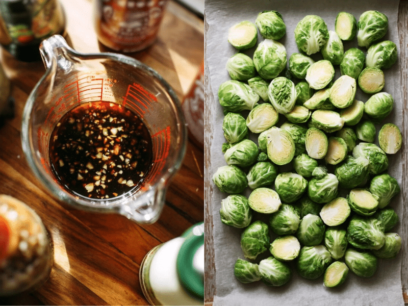 Kung Pao Brussel Sprouts – A Spicy, Crispy Twist You’ll Crave Again and Again 4 Prep for Kung Pao Brussels sprouts with sauce and halved sprouts