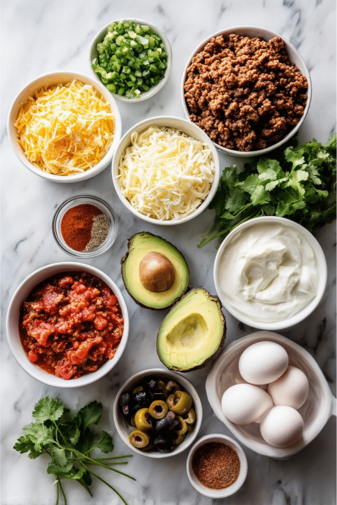 Keto Taco Lasagna: The Ultimate Crave-Worthy Low-Carb Dinner 3 Flat lay of labeled keto taco lasagna ingredients on a white surface