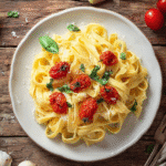 Homemade keto fettuccine pasta with cherry tomatoes and basil on a white plate