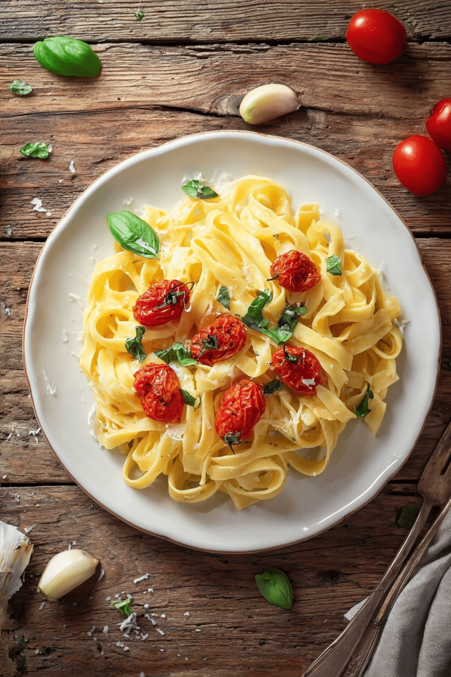 Keto Pasta Recipe – That Feels Like Real Pasta Without the Carbs 2 Homemade keto fettuccine pasta with cherry tomatoes and basil on a white plate