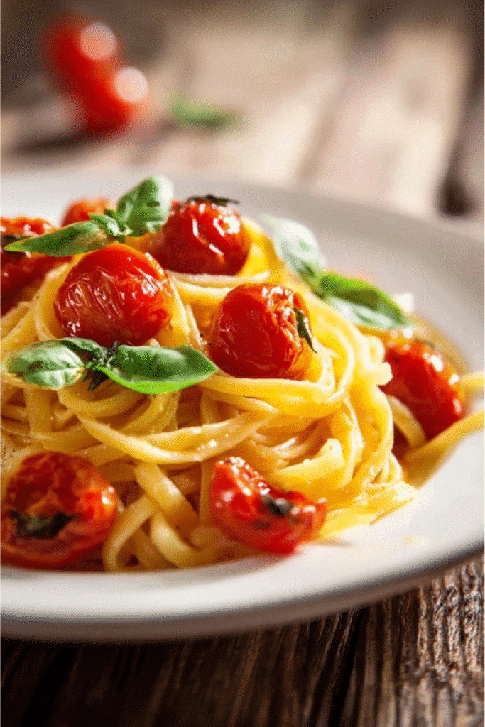 Keto Pasta Recipe – That Feels Like Real Pasta Without the Carbs 1 Keto fettuccine pasta with roasted cherry tomatoes and fresh basil leaves