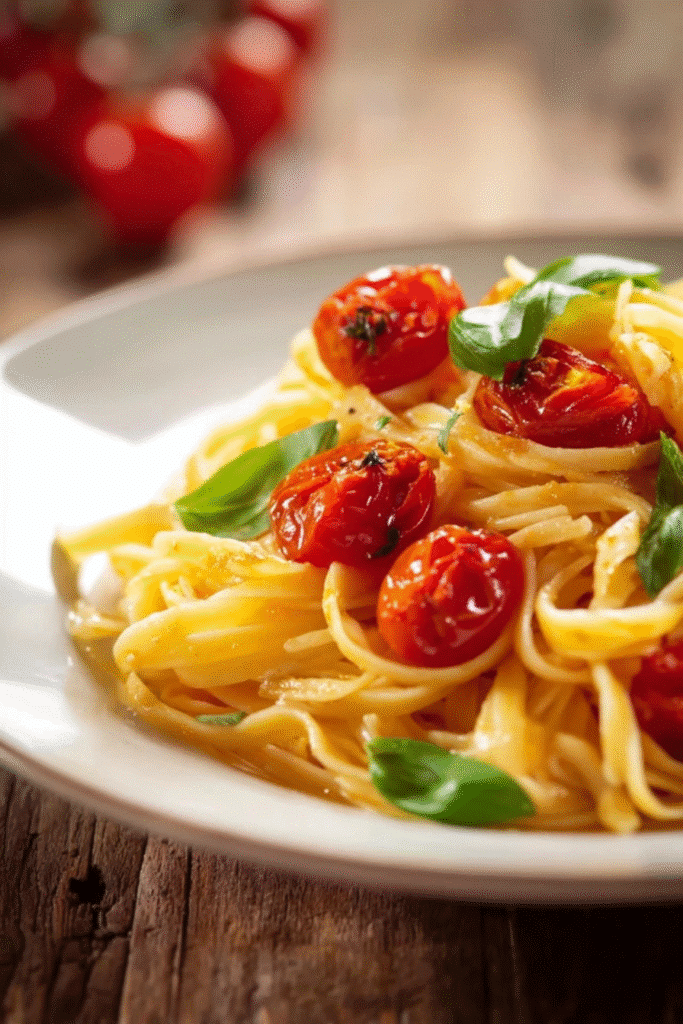 Keto Pasta Recipe – That Feels Like Real Pasta Without the Carbs 3 Close-up of keto pasta with roasted tomato and basil on white plate