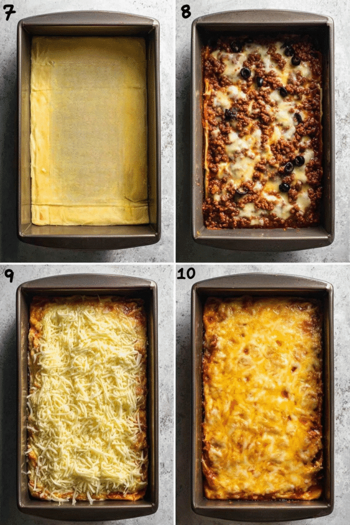 Keto Taco Lasagna: The Ultimate Crave-Worthy Low-Carb Dinner 6 Keto taco lasagna being layered and baked in a loaf pan, step-by-step collage