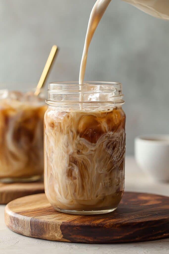 Protein Iced Coffee Recipe: Creamy, Energizing, and Packed with Power 3 Protein shake swirling into iced coffee in a mason jar on a wooden board