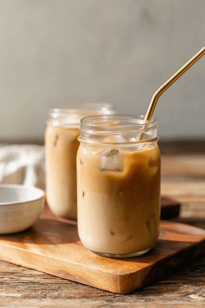 Protein Iced Coffee Recipe: Creamy, Energizing, and Packed with Power 4 Mason jars of iced protein coffee with golden straws on a wooden board