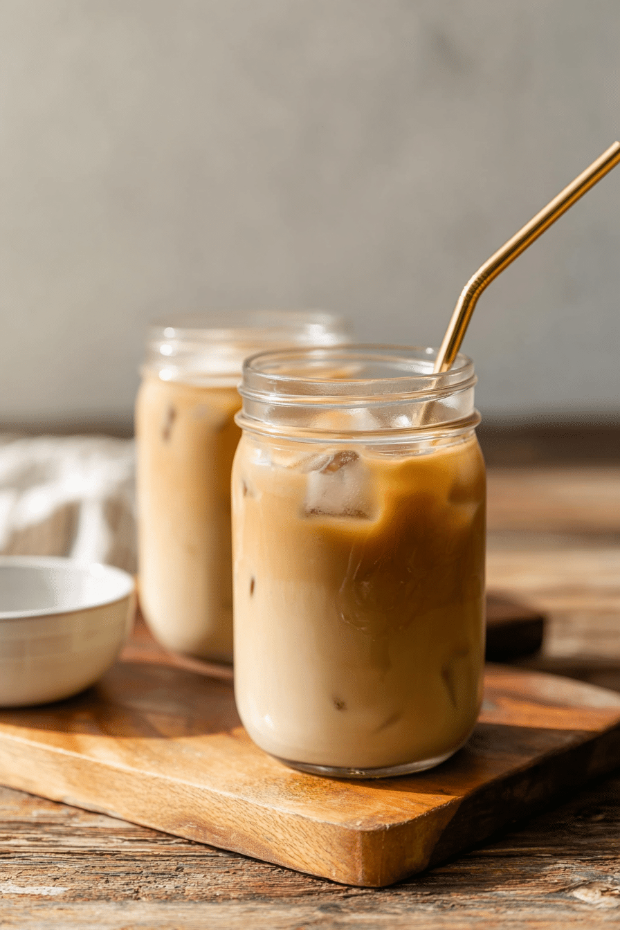 Protein Iced Coffee Recipe: Creamy, Energizing, and Packed with Power 2 Mason jars of iced protein coffee with golden straws on a wooden board