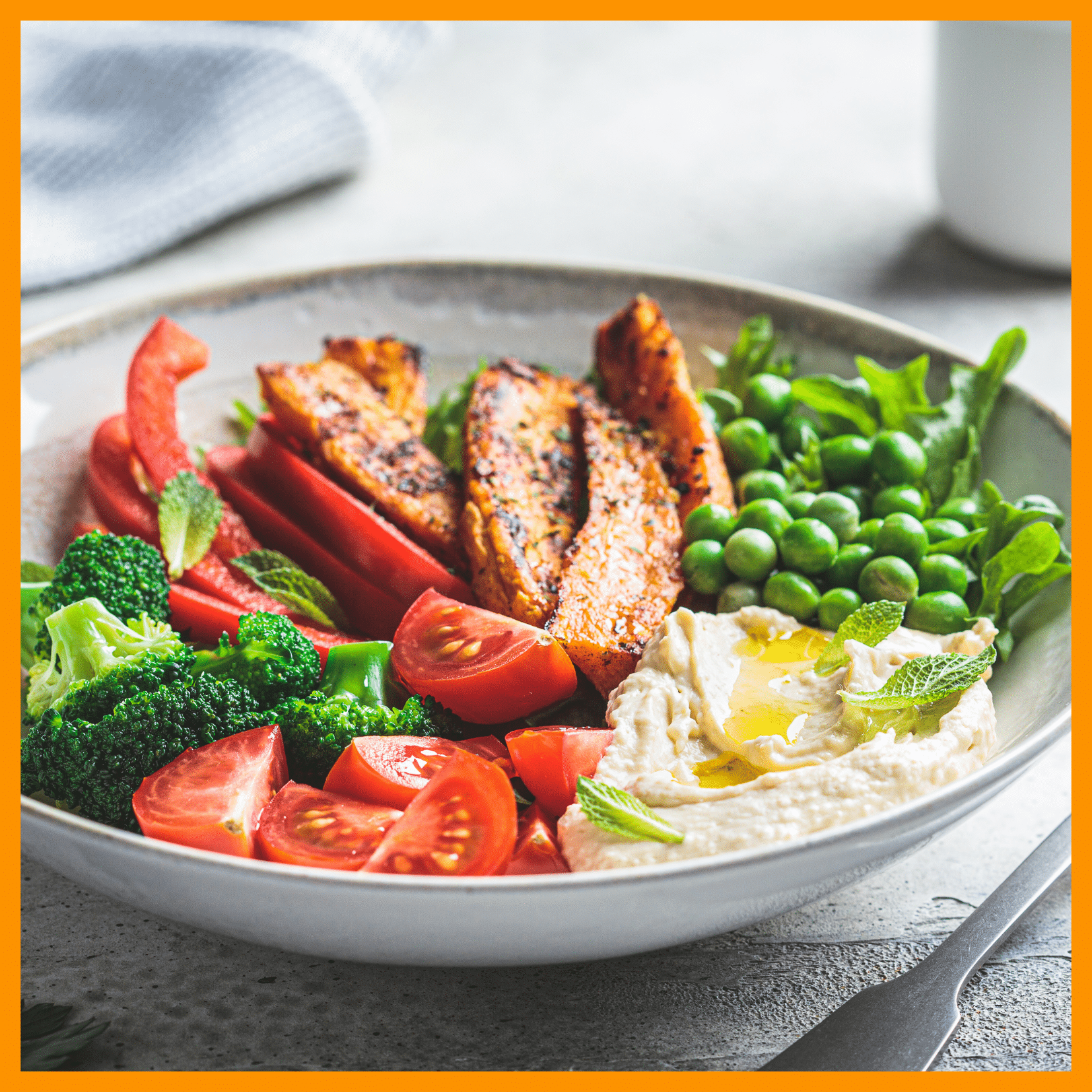 Home 3 High-protein meal plate with grilled chicken, eggs, leafy greens, and fresh vegetables.