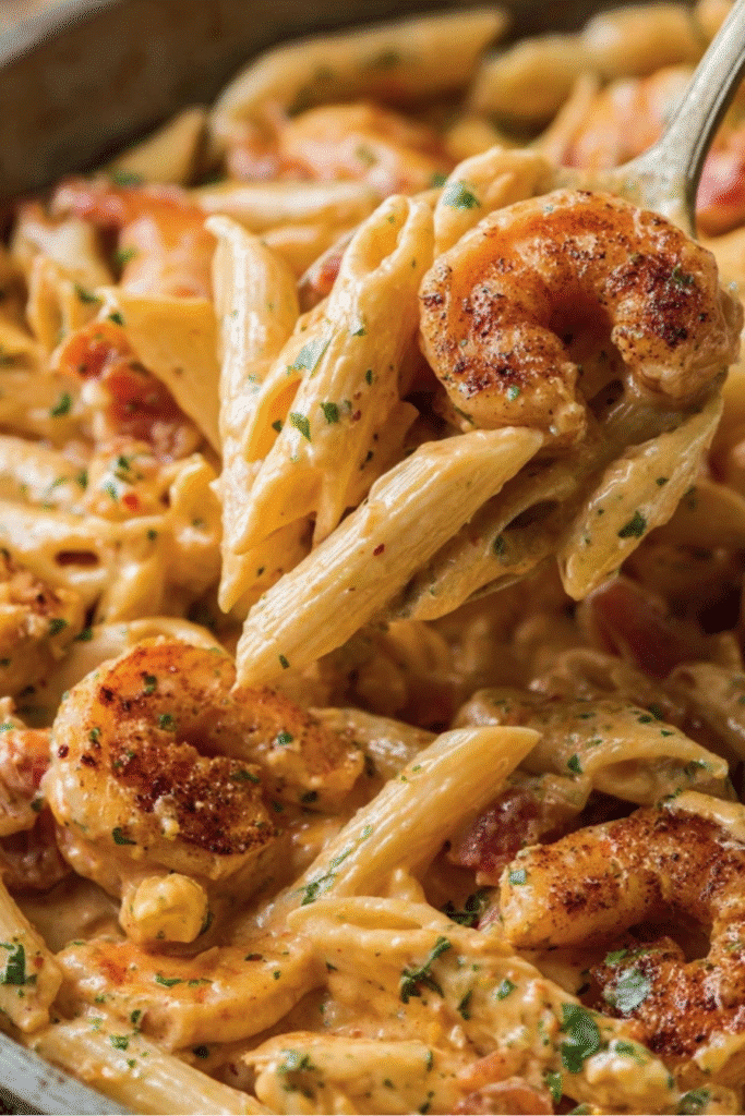 Creamy Cajun Shrimp Pasta: A Low-Carb Dream That’s Big on Flavor 5 Spoonful of creamy Cajun shrimp pasta with seared shrimp and penne