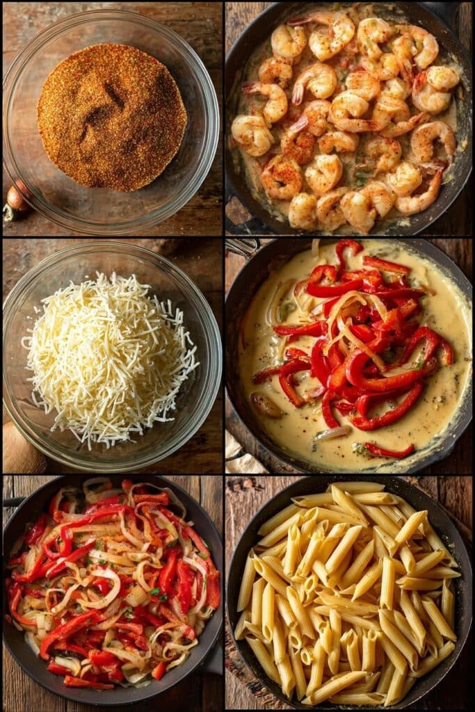 Creamy Cajun Shrimp Pasta: A Low-Carb Dream That’s Big on Flavor 3 Step-by-step preparation of creamy Cajun shrimp pasta with Cajun seasoning, sautéed shrimp, shredded cheese, creamy sauce with bell peppers and onions, and cooked penne pasta.