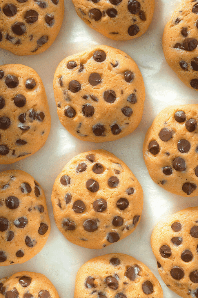 Protein Cookies – Soft, Low Carb Cookies Packed with Protein 4 Soft-baked chocolate chip protein cookies on white parchment, overhead view