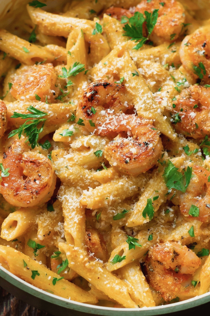 Creamy Cajun Shrimp Pasta: A Low-Carb Dream That’s Big on Flavor 4 Close-up of creamy Cajun shrimp pasta with Parmesan and herbs