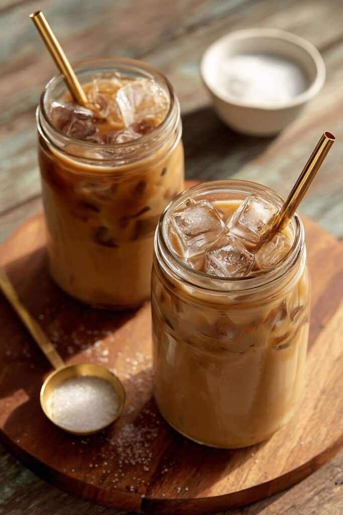 Protein Iced Coffee Recipe: Creamy, Energizing, and Packed with Power 1 Two mason jars of iced coffee with ice cubes and gold straws on a wood board
