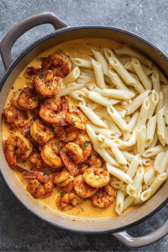 Creamy Cajun Shrimp Pasta: A Low-Carb Dream That’s Big on Flavor 1 Unmixed creamy Cajun shrimp pasta with noodles, shrimp, and sauce in a pot