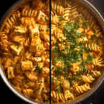 Split view of chicken fajita rotini pasta before and after mixing in a pot.