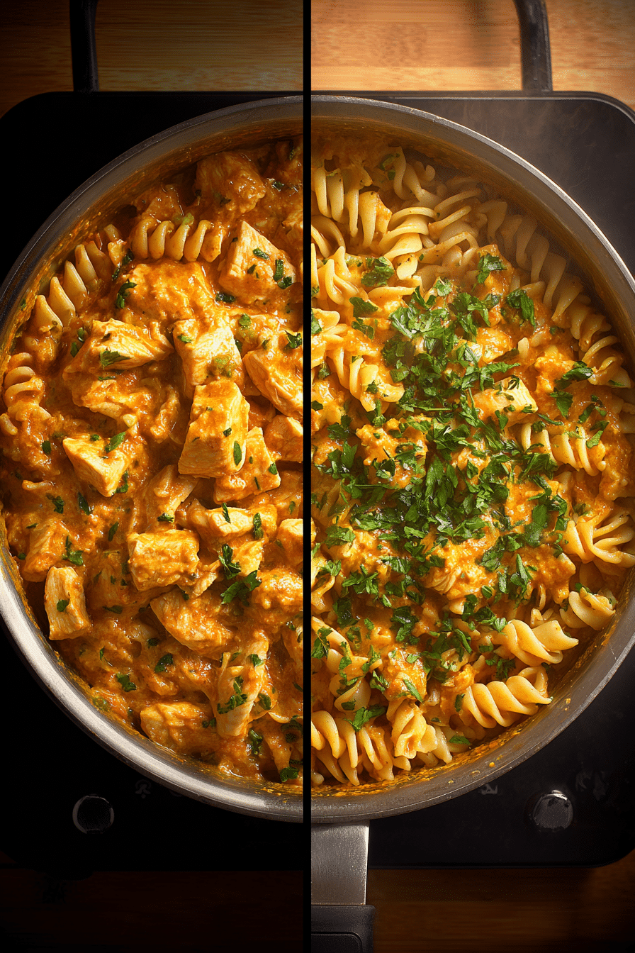 Chicken Fajita Pasta: 1-Pot Protein-Packed Comfort Recipe You’ll Love 2 Split view of chicken fajita rotini pasta before and after mixing in a pot.