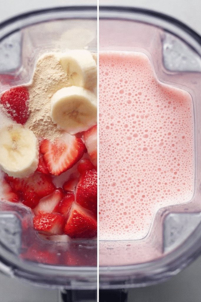 Strawberry Protein Smoothie: An Irresistible Creamy Treat - 2025 3 Side-by-side view of strawberry protein smoothie ingredients and the blended result in a blender