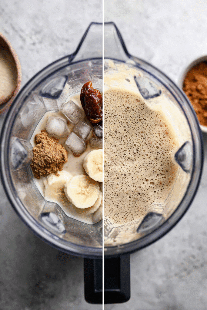 Vanilla Protein Shake That Actually Tastes Good – 2025 3 Split image of a blender with ingredients for a vanilla protein shake on the left and the blended creamy shake on the right.