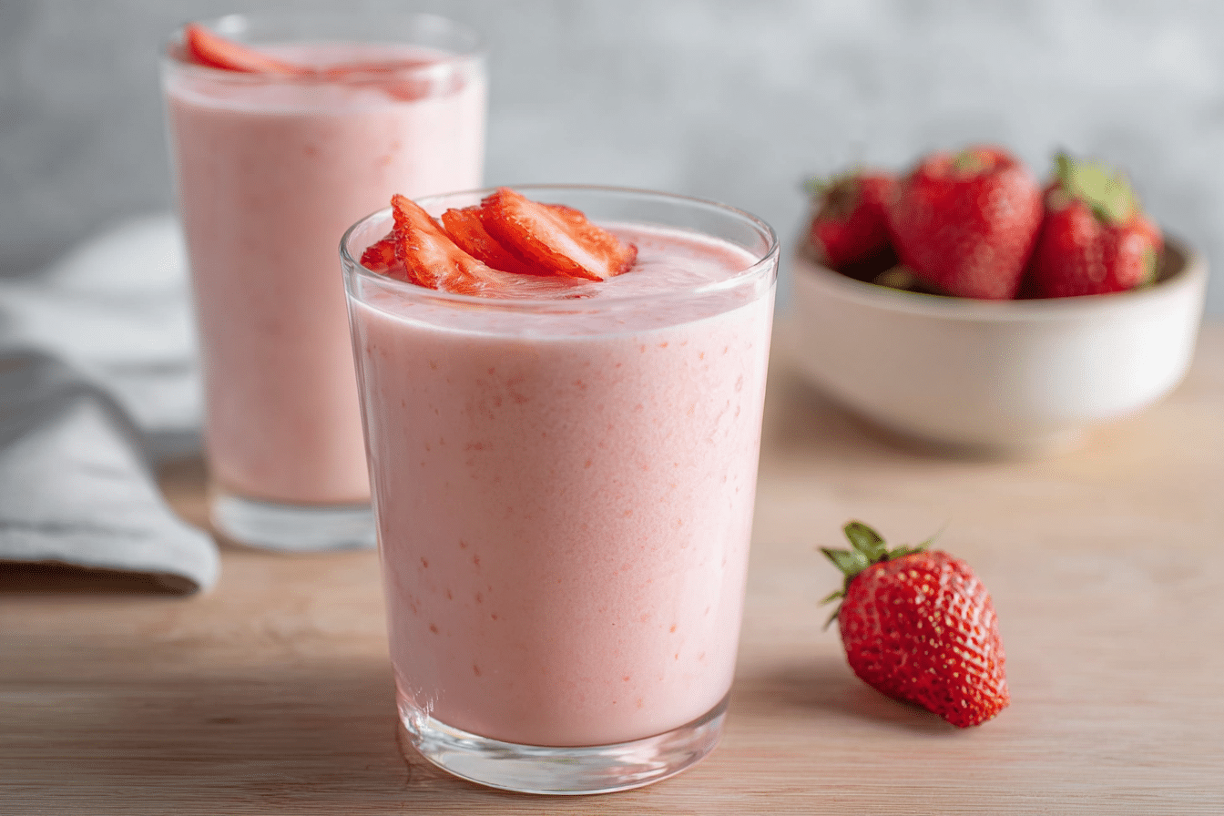 Strawberry Protein Smoothie: An Irresistible Creamy Treat - 2025 2 Glass of strawberry protein smoothie topped with sliced strawberries on a wooden surface
