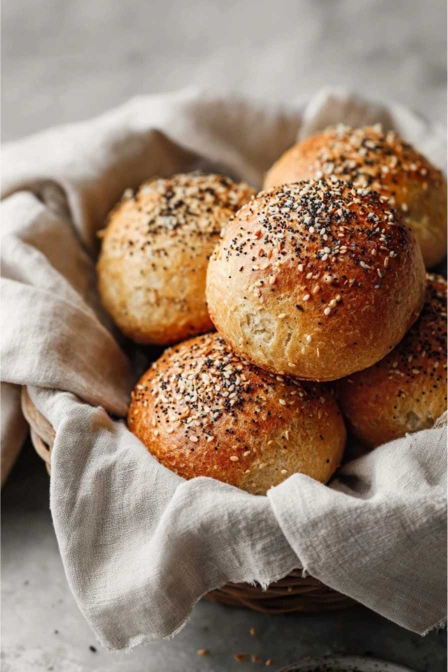 Home 9 Basket of golden keto bread buns topped with Everything Bagel seasoning