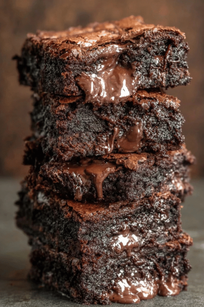 Greek Yogurt Brownies – Low Carb, Fudgy & Guilt-Free Dessert 4 Stack of ultra-gooey Greek yogurt brownies with melted chocolate