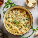 Creamy high-protein Marry Me Chicken Pasta in green Dutch oven with basil and parmesan
