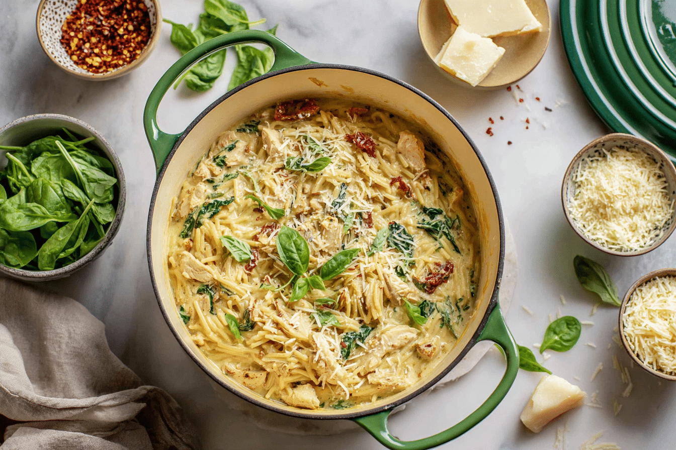 High-Protein Marry Me Chicken Pasta That Fuels Your Day - 2025 2 Creamy high-protein Marry Me Chicken Pasta in green Dutch oven with basil and parmesan