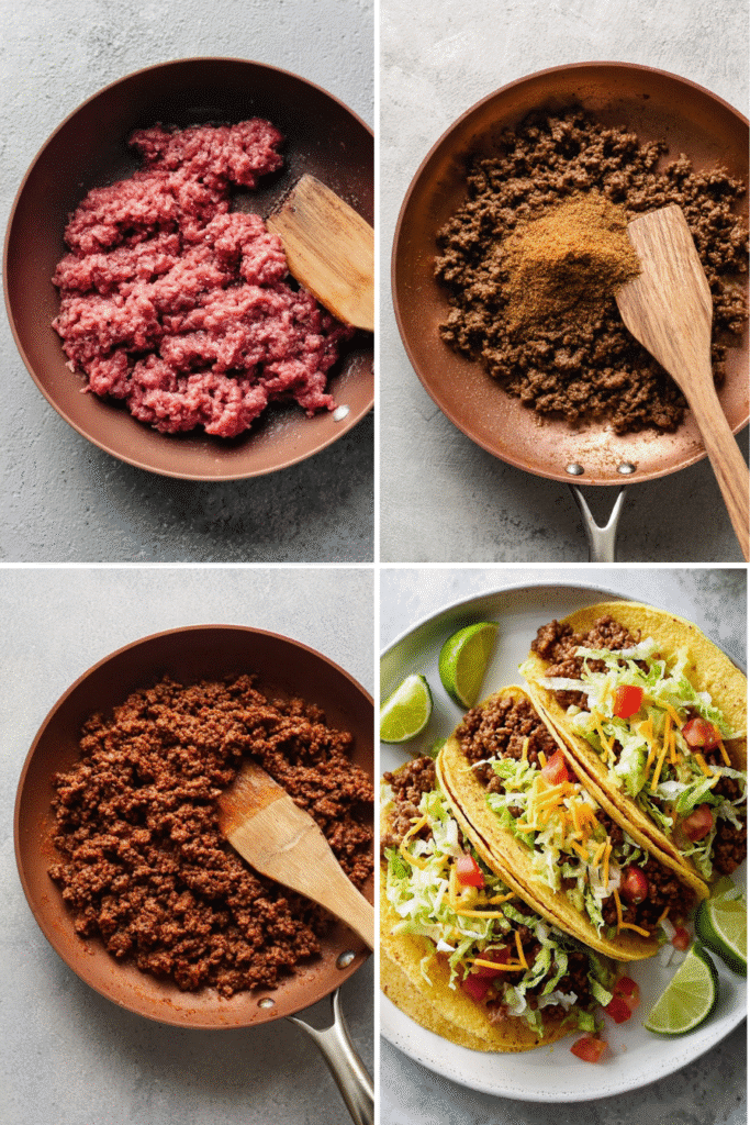 Keto Beef Tacos Recipe That’ll Satisfy Every Craving (Low-Carb Delight!) 3 Step-by-step process of making keto beef tacos from raw beef to finished tacos