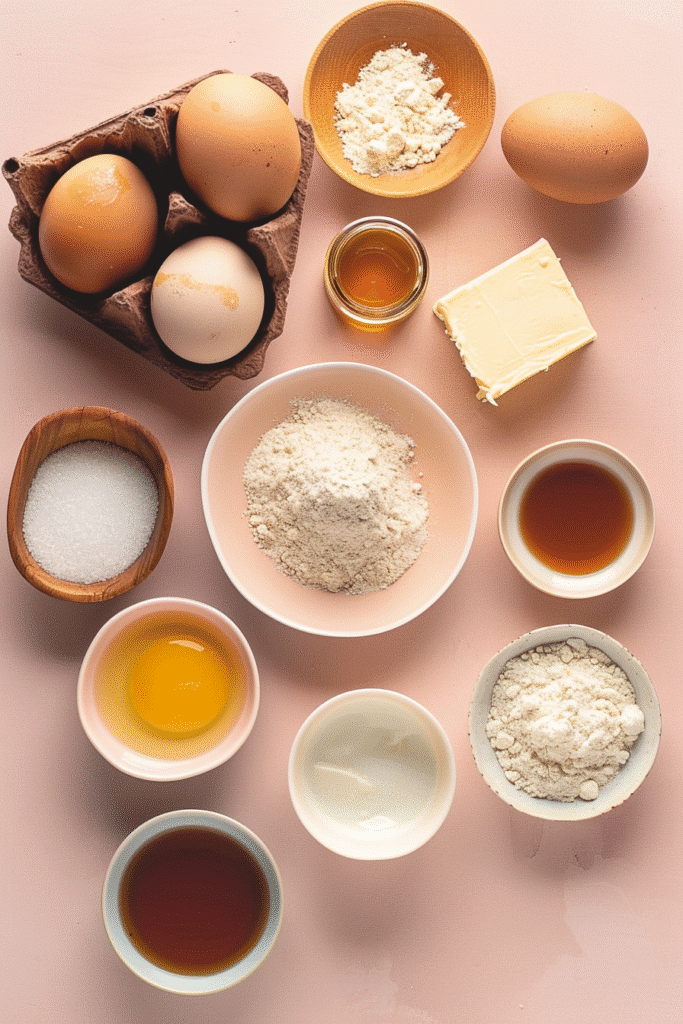 Keto Waffles Recipe – Low Carb, Crispy & Irresistibly Fluffy 3 Flat lay of keto waffle ingredients including eggs, almond flour, and butter.