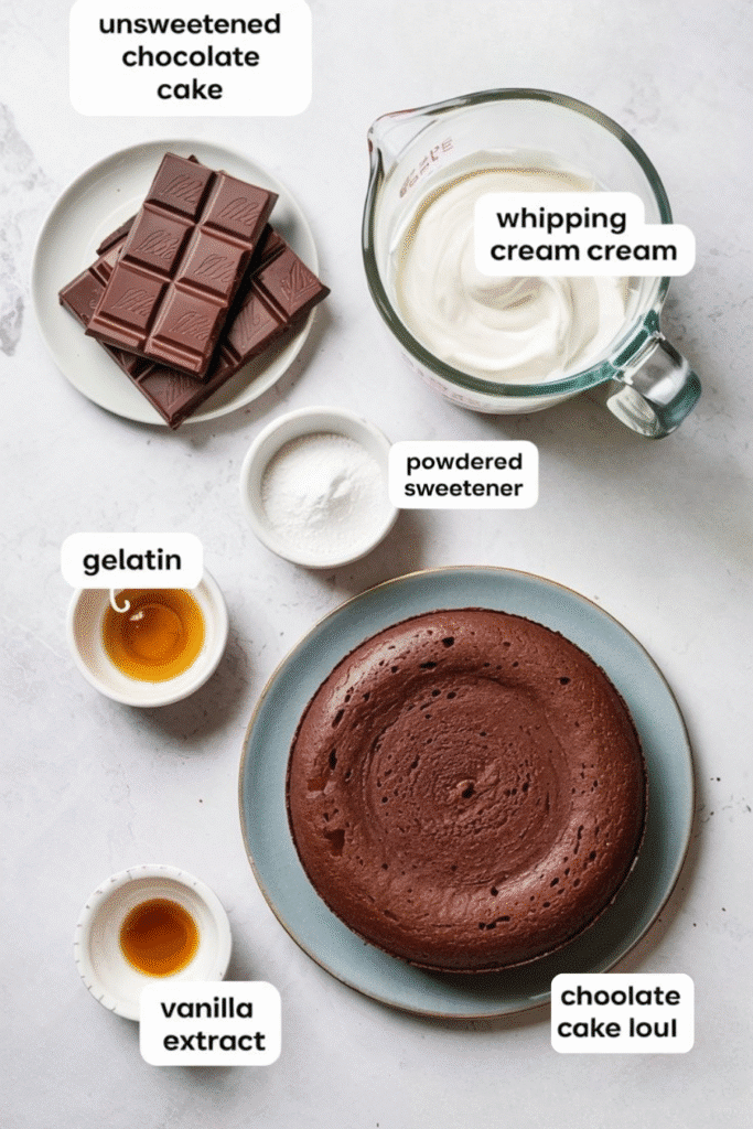 Keto Ding Dong Cake – A Rich, Creamy Classic Made Low Carb 3 Ingredients for Keto Ding Dong Cake including cake, cream, chocolate, gelatin