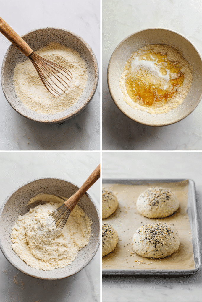 Keto Bread Recipe That Feels Like the Real Thing 3 Step-by-step collage of making keto bread buns from mixing to shaping