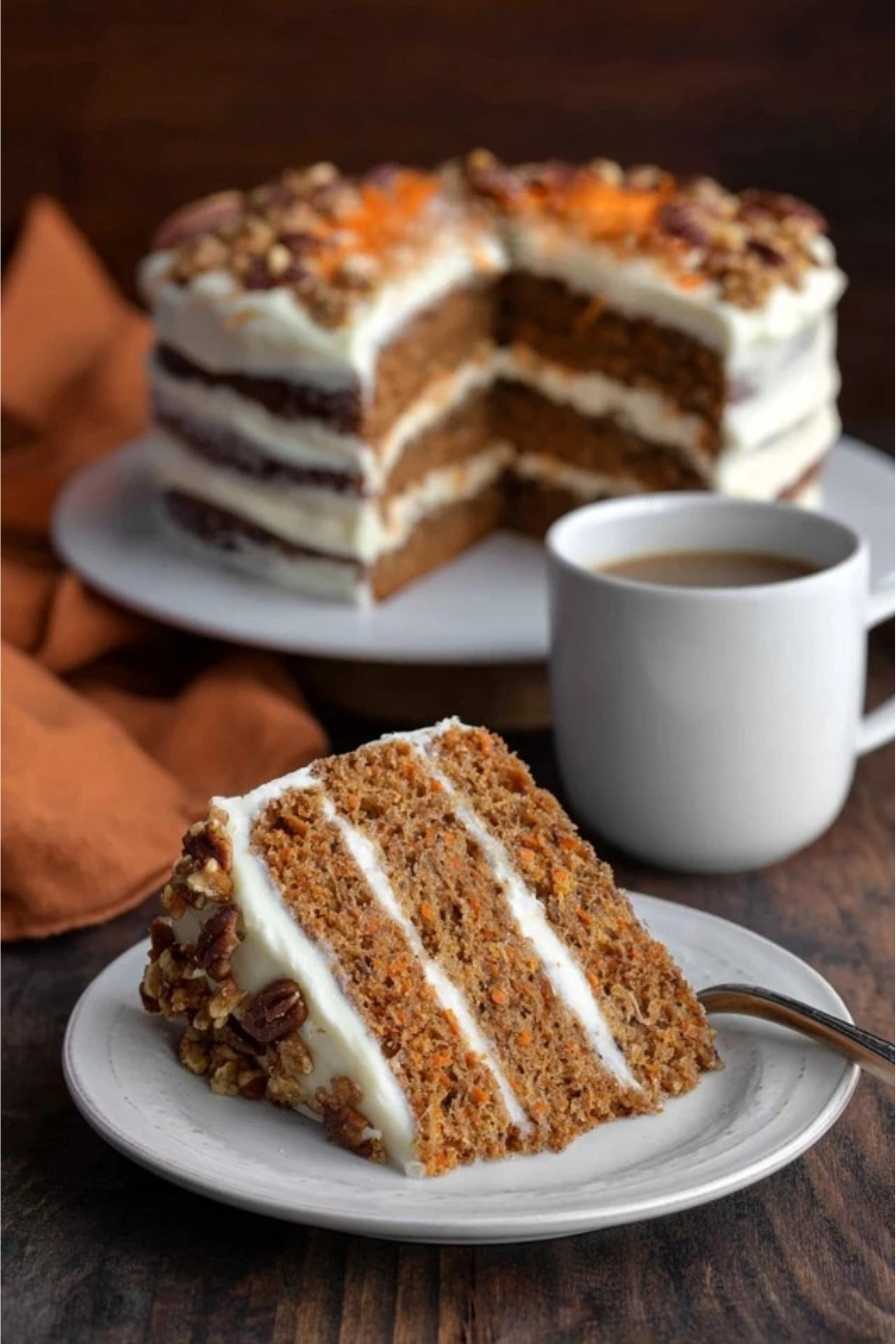 Keto Carrot Cake Recipe That’s Moist, Easy & Perfect for Low Carb Days 2 Slice of keto carrot cake with cream cheese frosting and coffee on rustic table