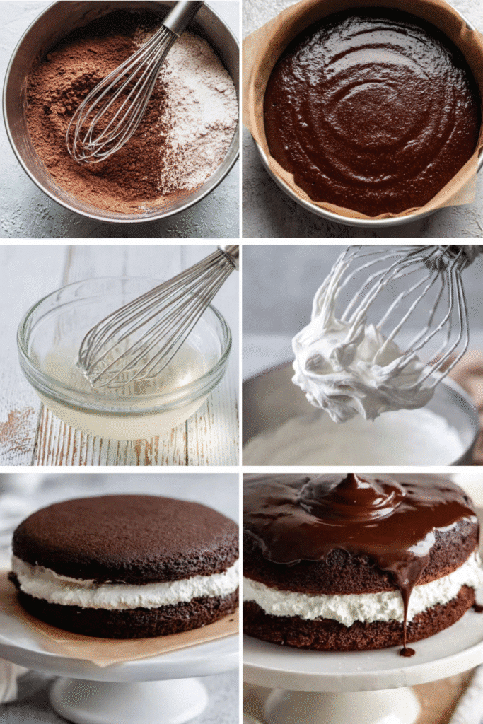 Keto Ding Dong Cake – A Rich, Creamy Classic Made Low Carb 4 Step-by-step collage showing how to make Keto Ding Dong Cake from mixing to ganache