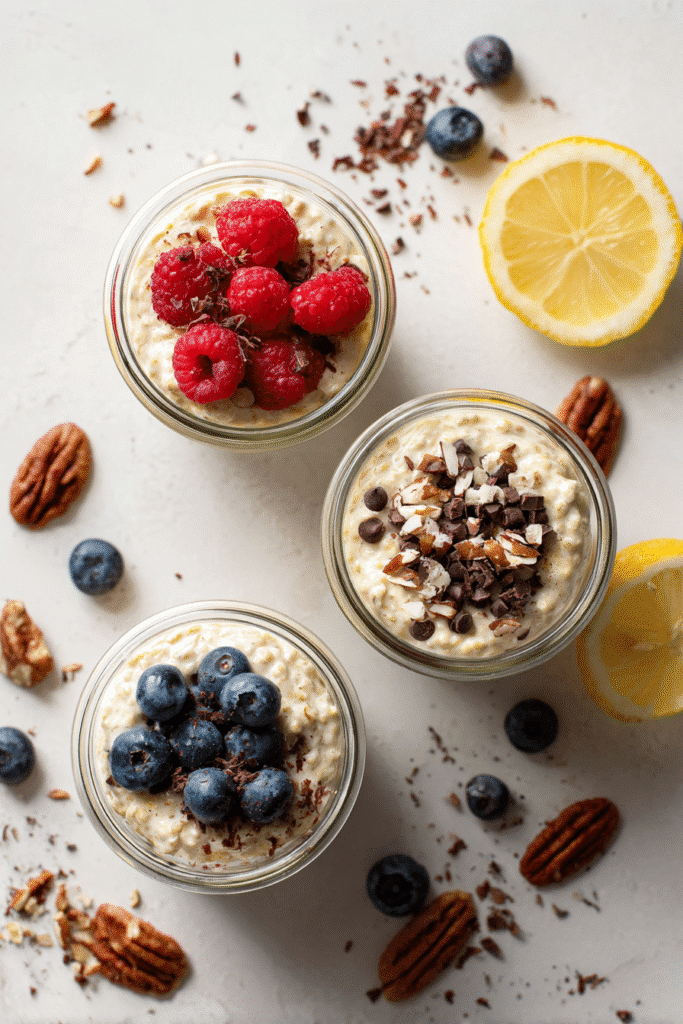Keto Overnight Oats That Actually Taste Like the Real Thing - 2025 1 Three jars of keto overnight oats topped with raspberries, blueberries, and chocolate nut mix on white background