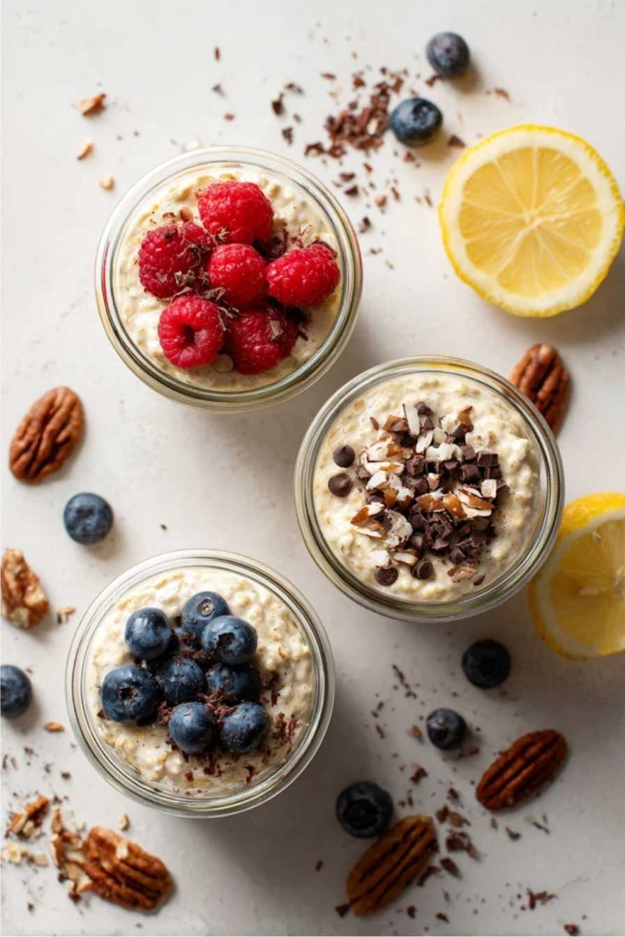 Home 7 Three jars of keto overnight oats topped with raspberries, blueberries, and chocolate nut mix on white background