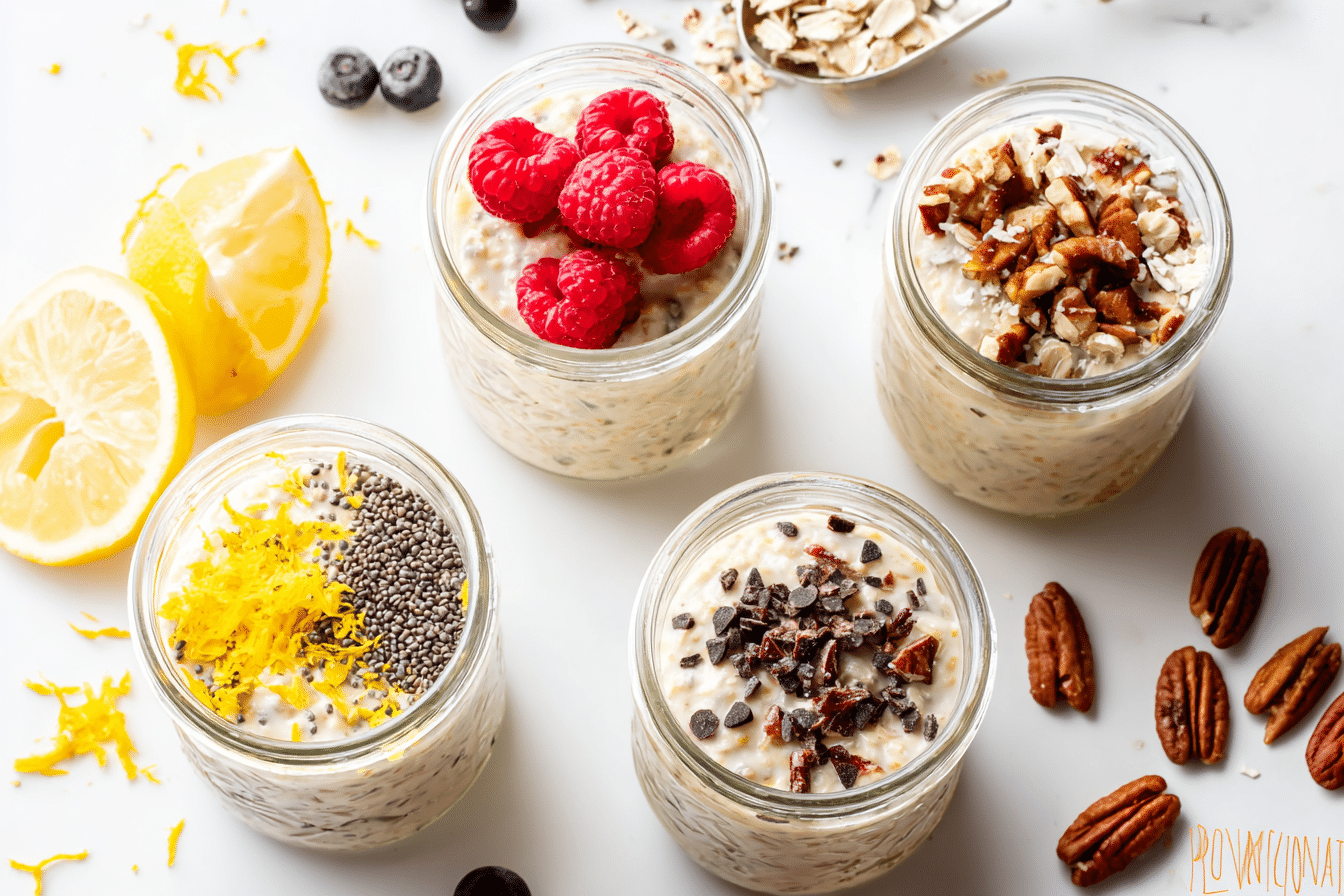 Keto Overnight Oats That Actually Taste Like the Real Thing - 2025 2 Jars of keto overnight oats topped with raspberries, pecans, lemon zest, chia seeds, and chocolate chips on white background