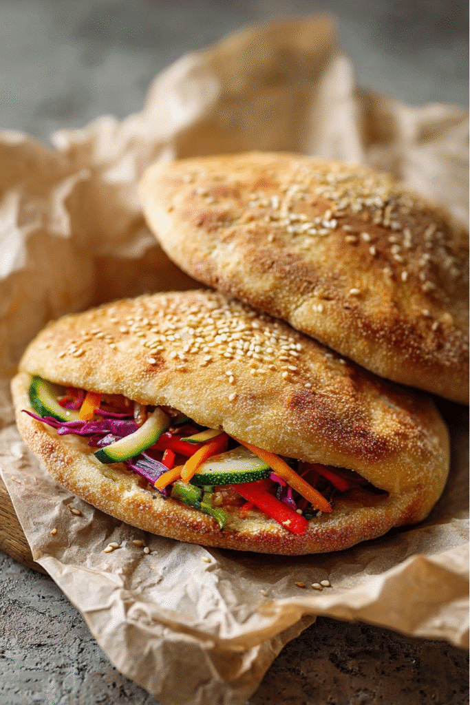 Keto Pita Bread Recipe That’s Fluffy, Easy & Low-Carb 4 Stuffed keto pita bread with fresh sliced vegetables