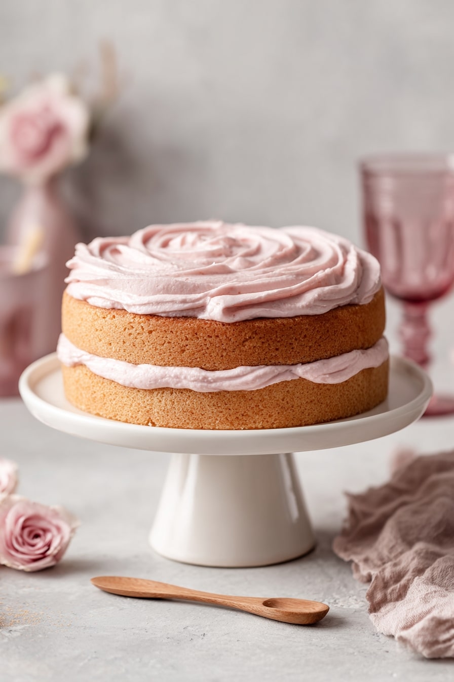 keto-vanilla-cake-with-pink-whipped-frosting Two-layer keto vanilla cake with pink frosting on a white cake stand
