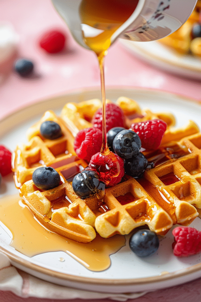 Keto Waffles Recipe – Low Carb, Crispy & Irresistibly Fluffy 1 Syrup being poured over golden keto waffles with berries.