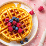 Golden keto waffles with berries and syrup on a plate.