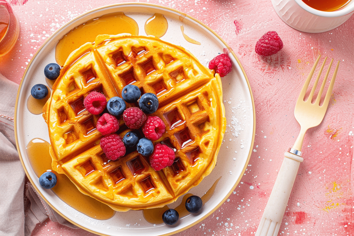 Keto Waffles Recipe – Low Carb, Crispy & Irresistibly Fluffy 2 Golden keto waffles with berries and syrup on a plate.