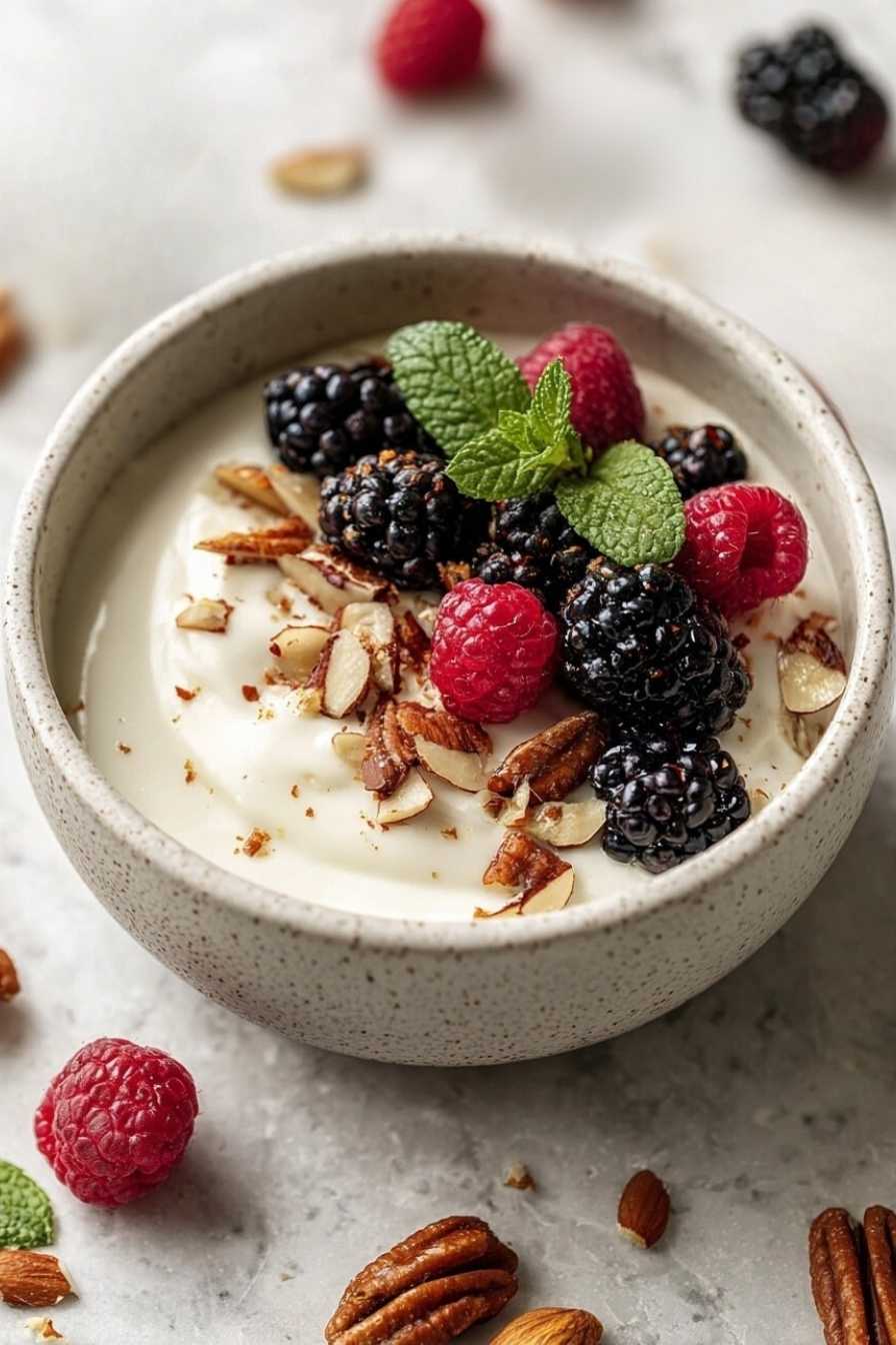 Keto Yogurt – The Creamy Low-Carb Fix That Feels Like a Treat 2 Keto yogurt in a ceramic bowl topped with berries and chopped nuts