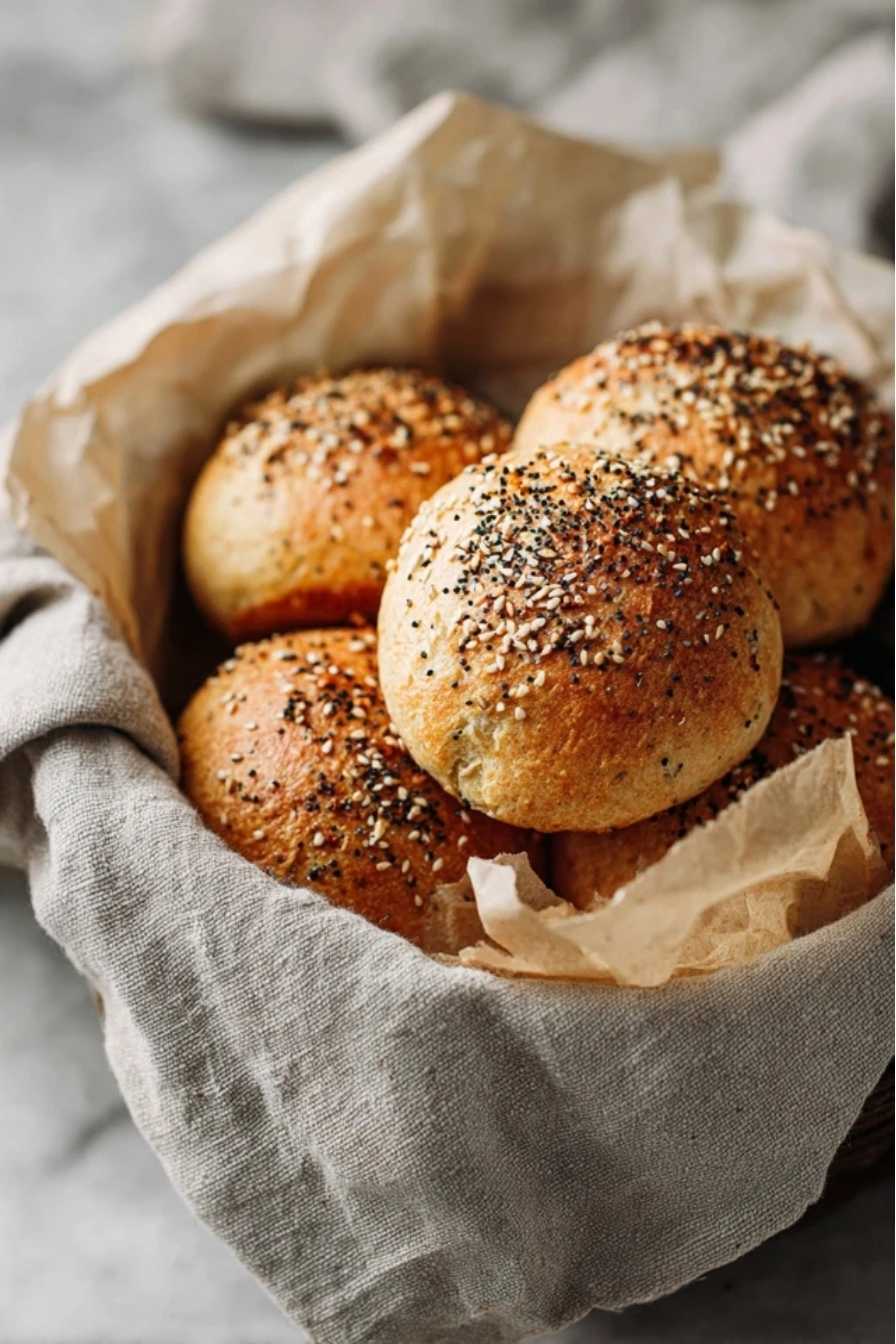 Keto Bread Recipe That Feels Like the Real Thing 2 Keto bread buns topped with everything bagel seasoning in a parchment-lined basket
