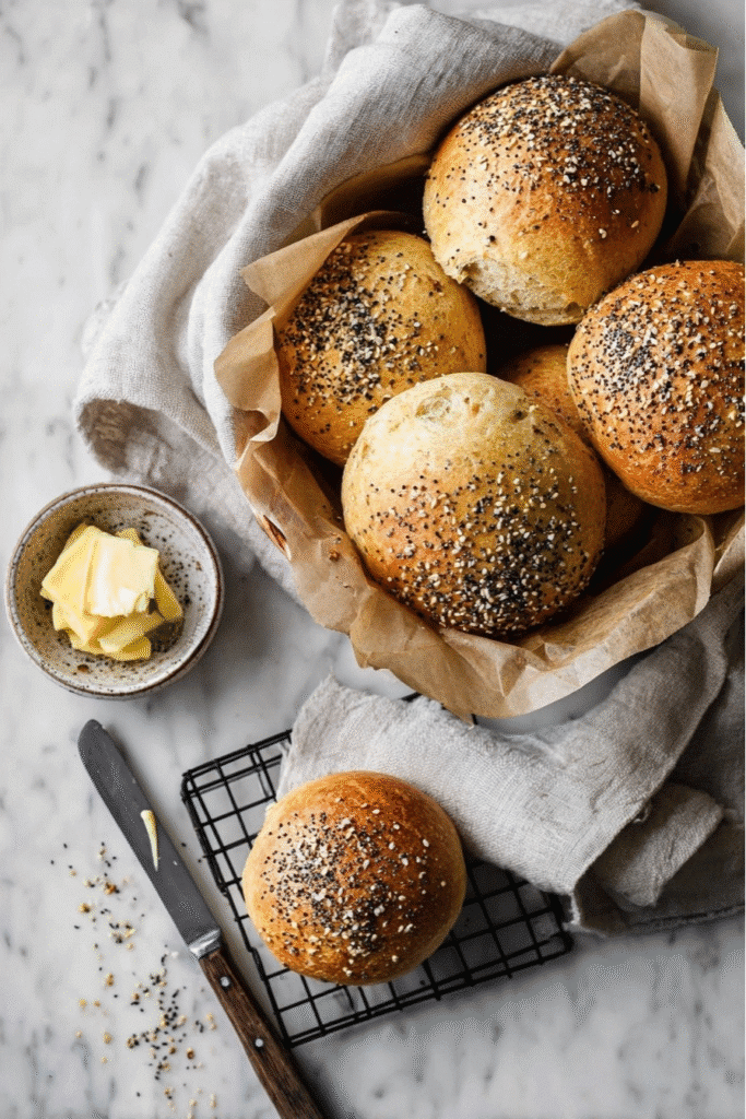 Keto Bread Recipe That Feels Like the Real Thing 4 Keto buns on a cooling rack and in a basket with butter on the side