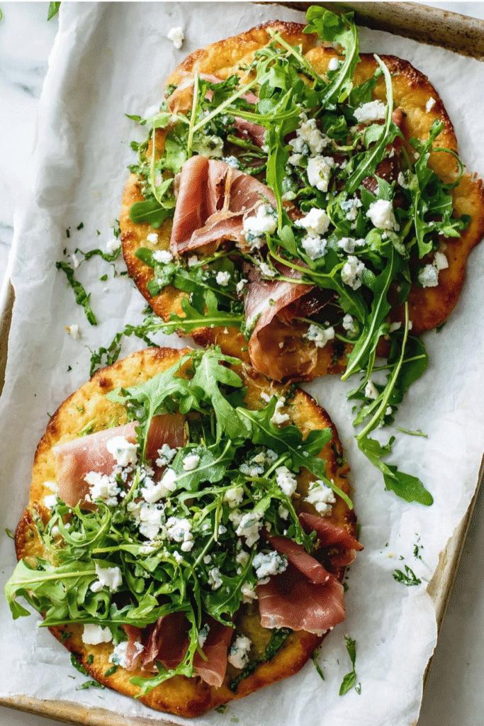 Keto Flatbread Recipe That Will Make You Forget Store-Bought Bread 4 Keto flatbread with arugula, prosciutto, and feta on a baking sheet