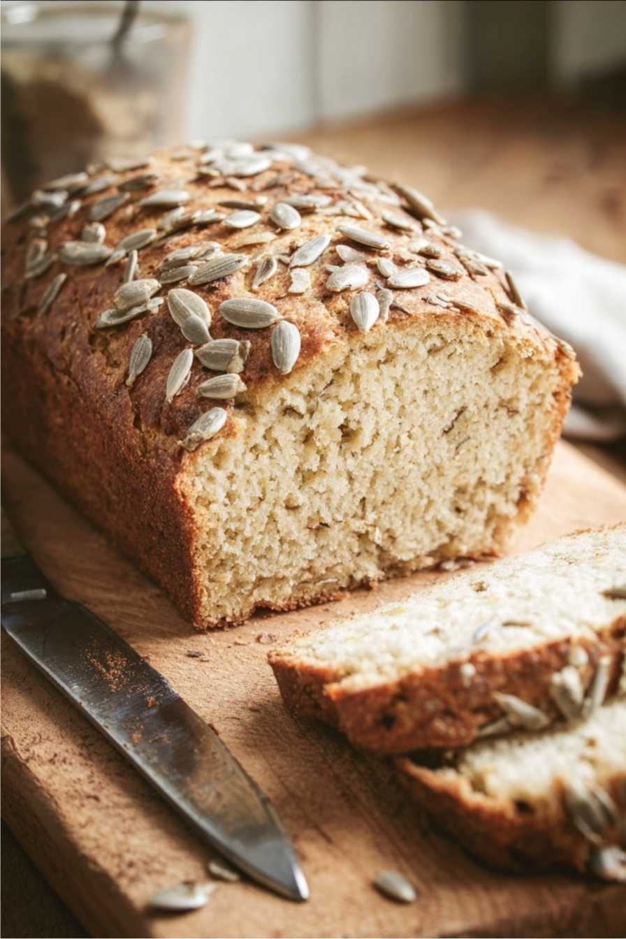 Home 6 Low carb almond flour bread with sunflower seeds on a cutting board