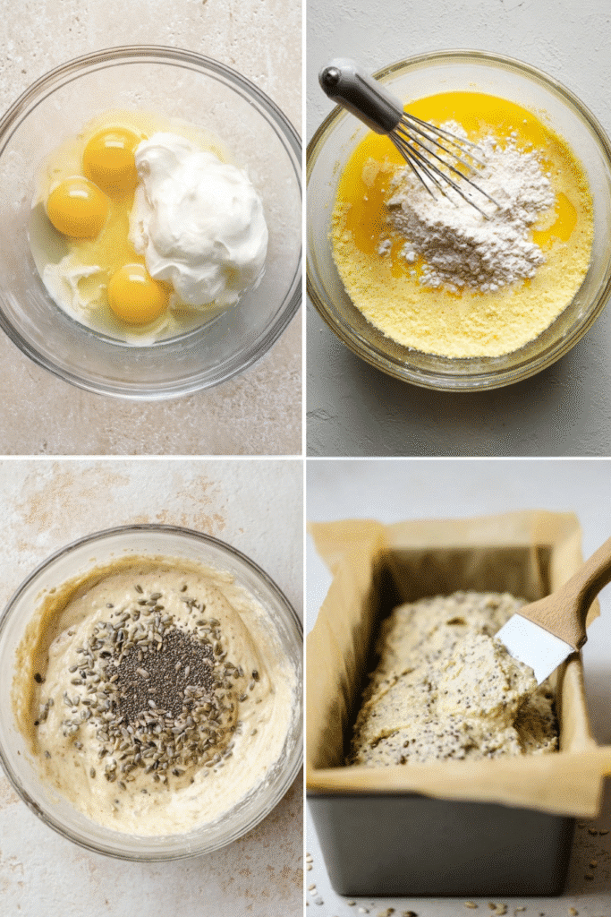 Low Carb Bread That Tastes Like the Real Thing 3 Step-by-step collage of mixing and preparing low carb bread batter