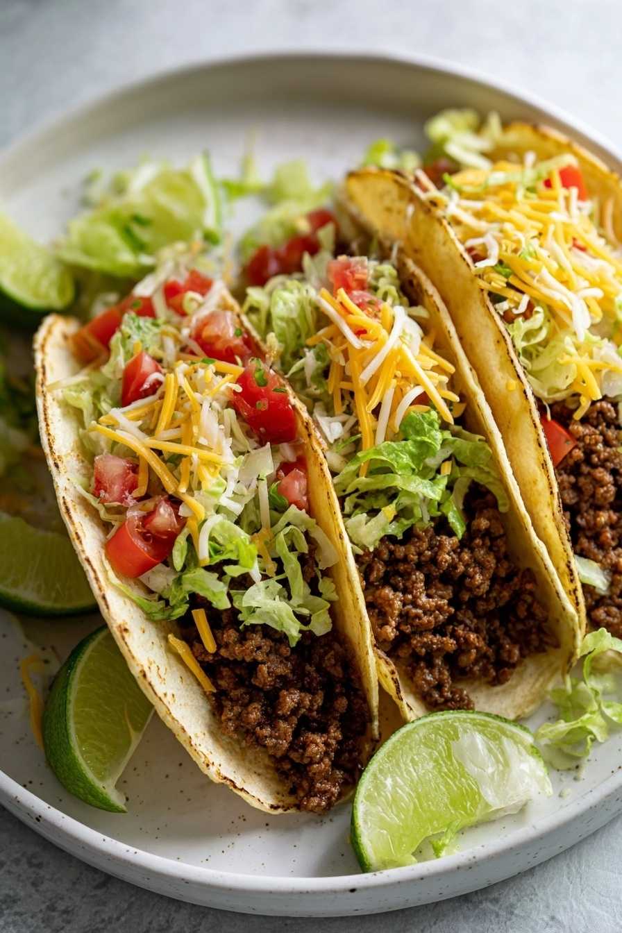 Keto Beef Tacos Recipe That’ll Satisfy Every Craving (Low-Carb Delight!) 2 Close-up of keto beef tacos with ground beef, shredded lettuce, cheese, tomato, and lime wedges