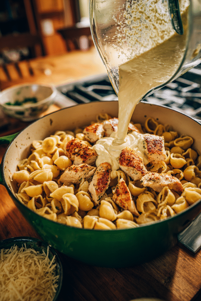 High-Protein Marry Me Chicken Pasta That Fuels Your Day - 2025 3 Blended cottage cheese sauce being poured over cooked chicken and chickpea pasta in Dutch oven
